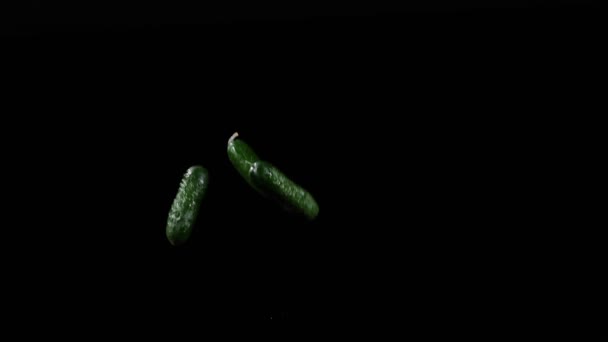 Close-up nos pepinos voar para cima e girando em um fundo preto em câmera lenta tiro, display de legumes vívidos, pepinos voadores — Vídeo de Stock