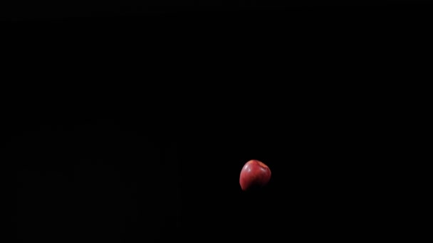 Repülő vörös alma, közelről érett vörös alma repül fel, és forog a fekete háttér lassított felvételű, élénk gyümölcs kijelző — Stock videók