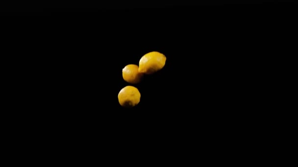 Gros plan sur le groupe de trois citrons volent et tournent sur un fond noir au ralenti, affichage des fruits vif, vol citrons jaunes — Video