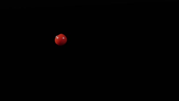 Pomodoro fresco maturo vola su e girando su uno sfondo nero in slow motion shot — Video Stock