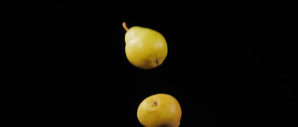 Две свежие сочные груши, выброшенные и вращающиеся на черном фоне в замедленной съемке — стоковое видео
