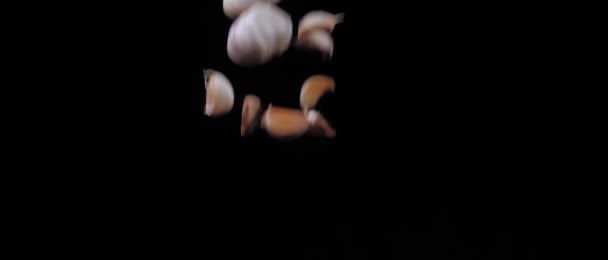 Alho e alho cravo jogado no ar e voar em torno de um fundo preto em câmera lenta tiro — Vídeo de Stock