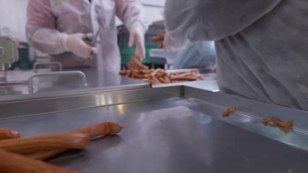 Os trabalhadores da fábrica de processamento de carne separam salsichas prontas com tesoura para a embalagem — Vídeo de Stock
