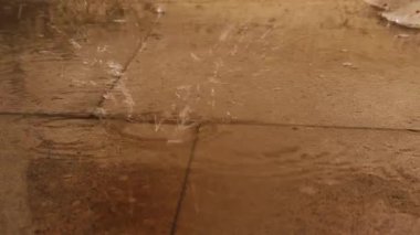 Islak asfalta damlayan yağmur damlaları, dalgalar ve damlacıklar oluşturur. Atmosferik kentsel yağmur dokusu hava, ruh hali, çevre, iklim değişikliği ve sinematik arka plan kullanımı için idealdir.