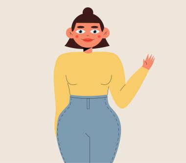 Sevimli genç bir kadın gülümseyip el sallıyor. Basit bir geçmişi olan komik bir kız. Moda düz vektör illüstrasyonu.