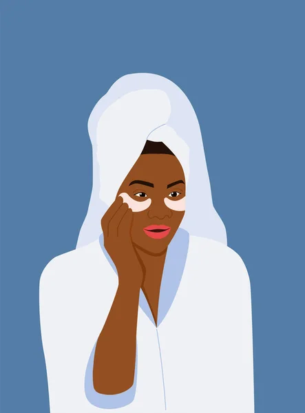 Σκούρο Δέρμα Νεαρής Γυναίκας Πετσέτα Βάζει Μπαλώματα Στο Πρόσωπό Της — Διανυσματικό Αρχείο