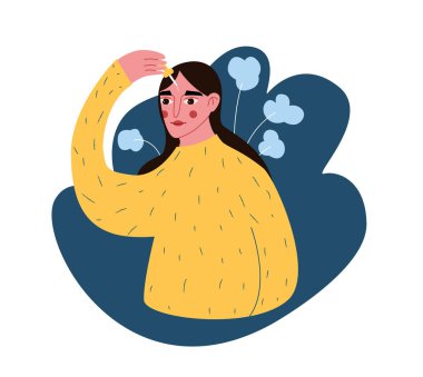 Sevimli çizgi filmci kadın yüzüne serum sürüyor. Yüz bakımı kavramı. Moda tarzında vektör illüstrasyonu.