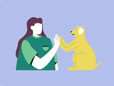 Yüzü ve evcil hayvanı olmayan bir kız. Bir kadın köpeğine beşlik çakar. Parlak vektör illüstrasyonuName.