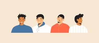 Farklı açılardan çekilmiş insan portreleri. Profilde bir adam, üç çeyrekte bir adam, tam suratlı bir adam. Farklı duyguları olan avatarlar koleksiyonu. Moda tarzında vektör illüstrasyonu.