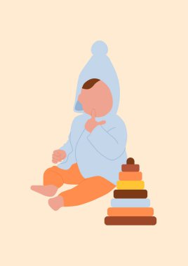 Soyut boho çocuk portresi. Erkek bebek silueti ve piramit. Minimalist vektör çizimi beyaz arkaplanda izole edildi