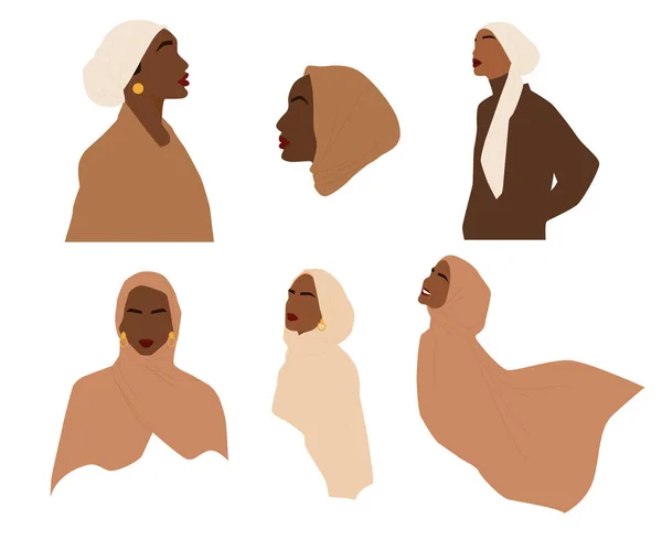 Setul Modern Femei Abstracte Hijaburi Destul Musulmană Frumoasă Femeie Neagră — Vector de stoc