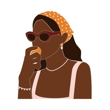 Beyaz arka planda izole edilmiş modern soyut yaz kadını portresi. Beyaz elbiseli ve güneş gözlüklü siyah yüzsüz kadın. Moda vektör illüstrasyonu