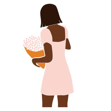 Beyaz arka planda izole edilmiş modern soyut yaz kadını portresi. Beyaz elbiseli ve çiçekli siyah yüzsüz kadın. Moda vektör illüstrasyonu