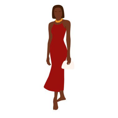Modern abstract portrait of summer woman isolated on white background. Black faceless female in red dress. Trendy vector illustration