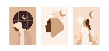 Trendy abstract collection with modern muslim posters for decorative design. Beauty hijab woman. Vector illustration on white background