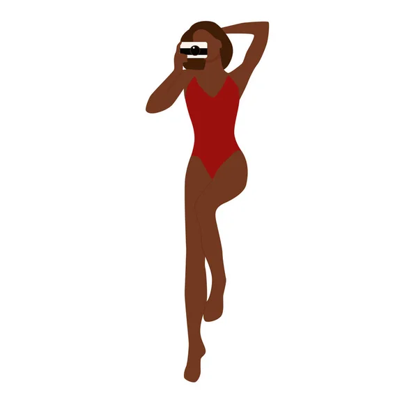 Modern abstract portrait of summer woman isolated on white background. Black faceless female in red swimsuit with camera. Trendy vector illustration — Vector de stock