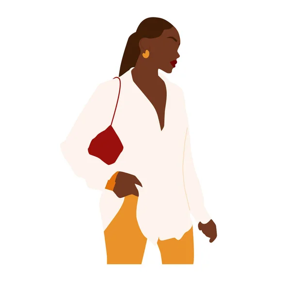 Modern abstract portrait of summer woman isolated on white background. Black faceless female in white shirt and bag. Trendy vector illustration