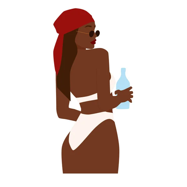 Modern abstract portrait of summer woman isolated on white background. Black faceless female in white swimsuit and sunglasses. Trendy vector illustration