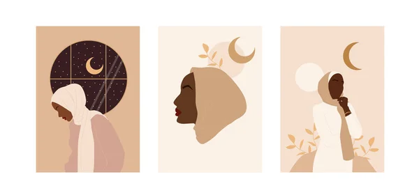 Trendy abstract collection with modern muslim posters for decorative design. Beauty hijab woman. Vector illustration on white background