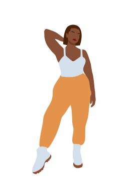 Kıvrımlı, soyut, siyah bir kadın sıradan bir görünüm takınıyor. Modern boy kadın portresi. Beyaz arkaplanda izole edilmiş trend vektör illüstrasyonu.