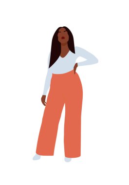 Kıvrımlı, soyut, siyah bir kadın sıradan bir görünüm takınıyor. Modern boy kadın portresi. Beyaz arkaplanda izole edilmiş trend vektör illüstrasyonu.