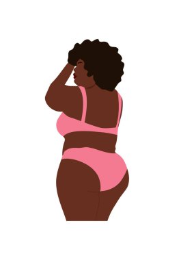 Kıvrımlı soyut siyah kadın iç çamaşırlarıyla poz veriyor. Modern boy kadın portresi. Beyaz arkaplanda izole edilmiş trend vektör illüstrasyonu