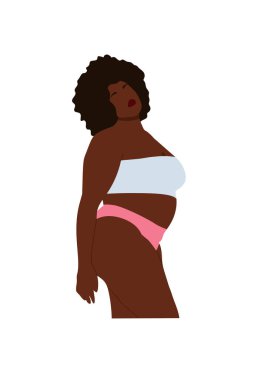 Kıvrımlı soyut siyah kadın iç çamaşırlarıyla poz veriyor. Modern boy kadın portresi. Beyaz arkaplanda izole edilmiş trend vektör illüstrasyonu.