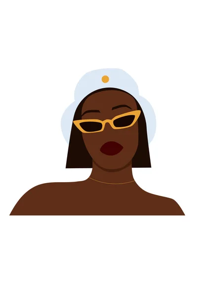 Retrato abstrato sem rosto de mulher negra em óculos de sol e jóias. Linda pessoa feminina de verão. Ilustração vetorial na moda isolada em terreno de praia branco —  Vetores de Stock