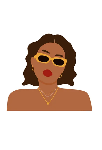선글라스와 보석으로 만든 노골적 인 얼굴없는 흑인 여성의 초상화. 여름의 아름다운 여성 캐릭터. 하얀 모래밭에서 분리 된 유행하는 벡터 삽화 — 스톡 벡터