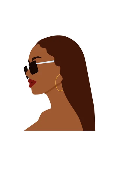 Retrato sin rostro abstracto de mujer negra en gafas de sol y joyas. Hermosa persona femenina de verano. Ilustración vectorial de moda aislada en bachground blanco — Vector de stock