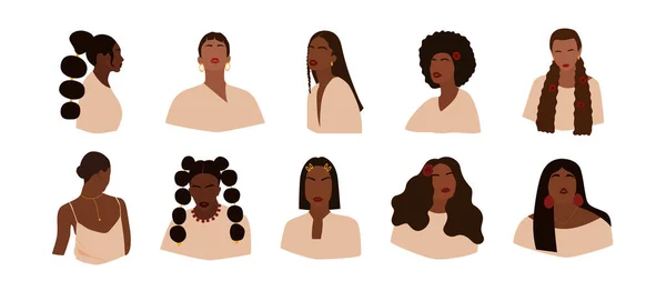 Serie di ritratti di donne senza volto. Collezione di ragazze astratte dalla pelle scura con acconciature diverse. Trendy minimale illustrazione vettoriale isolato su sfondo bianco — Vettoriale Stock