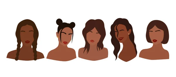 얼굴없는 여성들의 초상화 세트. 다양 한 머리 스타일을 가진 추상적 인 흑인 소녀들의 모음입니다. 백색 배경에서 분리 된 트렌디 최소 벡터 일러스트 — 스톡 벡터