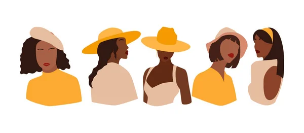 Farklı şapkalı yüzsüz kadın portreleri. Soyut kız koleksiyonu. Beyaz arkaplanda izole edilmiş en az vektör illüstrasyonu — Stok Vektör