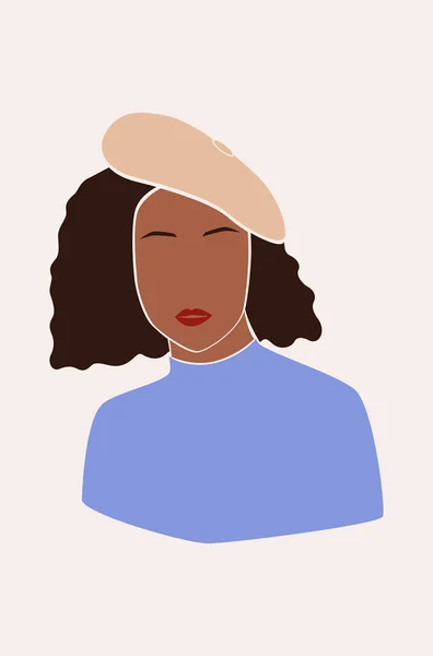 Πορτρέτο της απρόσωπης γυναίκας με το όμορφο καπέλο. Αφηρημένη μαύρη κοπέλα. Αφρικάνα. Trendy ελάχιστη διανυσματική απεικόνιση απομονωμένη — Διανυσματικό Αρχείο