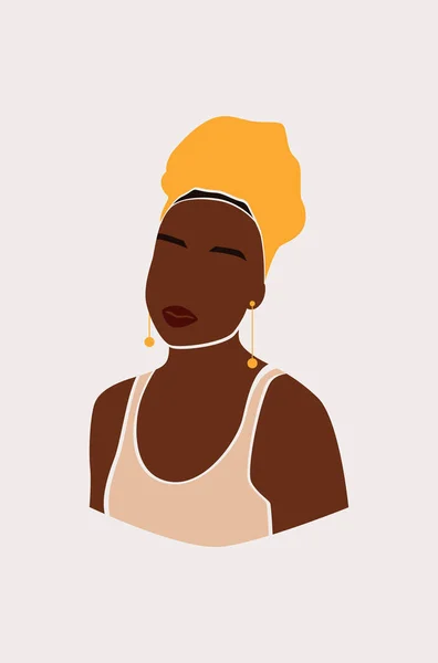 Πορτρέτο της απρόσωπης γυναίκας με το όμορφο καπέλο. Αφηρημένη μαύρη κοπέλα. Αφρικάνα. Trendy ελάχιστη διανυσματική απεικόνιση απομονωμένη — Διανυσματικό Αρχείο