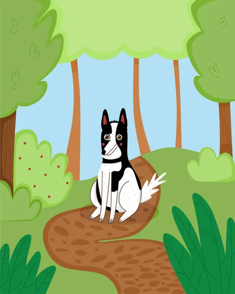 Parktaki sevimli çizgi film köpeği. Yürüyüşte evcil hayvanın olduğu komik, güzel bir poster. Doğal eğlence aktivitesi. Vektör illüstrasyonu