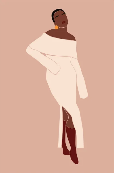 Abstrakt mode elegant kvinna. Vacker svart kvinna. Kvinnodräkt. Minimal vektor illustration isolerad på bakgrund — Stock vektor