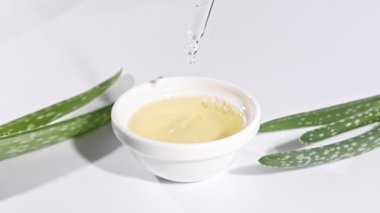 Aloe Vera 'nın dilimlenmiş hamlesi. Kozmetik pipetle Aloe Vera' nın yakın çekimi. Doğal tıbbi bitki. Organik kozmetik, alternatif tıp. 
