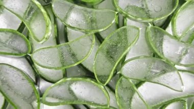 Yakından bakınca, Aloe Vera dilimlenmiş dilimlenmiş. Doğal tıbbi bitki. Organik kozmetik, alternatif tıp. Üst görünüm.