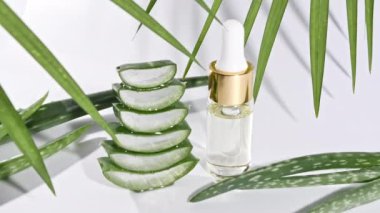 Aloe Vera 'nın dilimlenmiş hamlesi. Kozmetik pipetle yağlı Aloe Vera. Beyaz arka planda gölgeleri olan tropik palmiye yapraklarının hareketi. Doğal tıbbi bitki. Alternatif tıp 