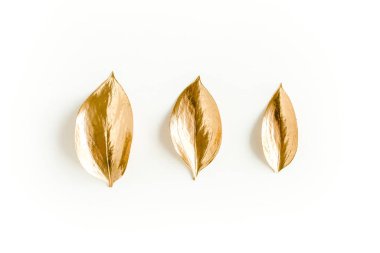 Beyaz arka planda izole edilmiş altın yapraklı desen. düz yatış, üst görünüm