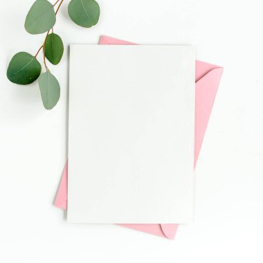 Sahte davetiye, boş tebrik kartı ve yeşil yapraklar okaliptüs. Düz yatış, üst görünüm.