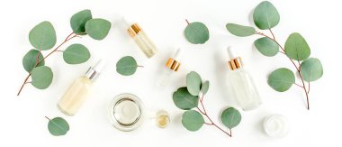 Okaliptüs yağı, okaliptüs yaprakları beyaz arka planda. Doğal, organik kozmetik ürünleri. Tıbbi, Doğal Serumlar. Düz yatış, üst görünüm.