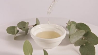 Beyaz arka planda yaprakları olan okaliptüs yağlı bir Pipette. Okaliptüs özü, aromatik gerekli yağ. Saç ve cilt bakımı için doğal kozmetik ürünleri. Üst görünüm.