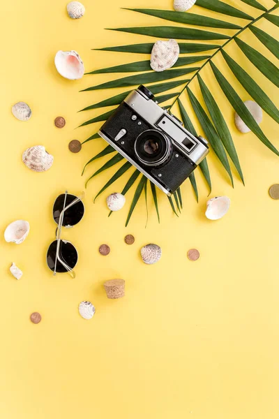 Accesorios para viajeros sobre fondo amarillo con hoja de palma, cámara y gafas de sol. Asiento plano, vista superior. Fondo de verano. — Foto de Stock