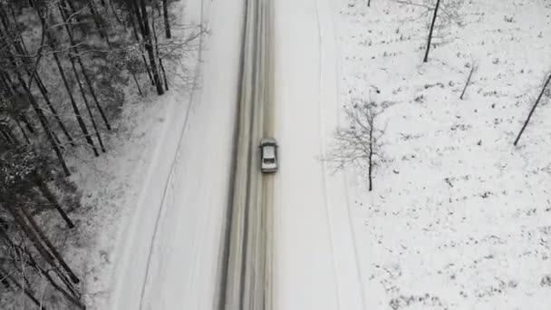 Voiture grise classique conduisant à travers la forêt enneigée blanche d'hiver sur la route de campagne. Vue de dessus. Route hivernale ou alpine en montagne avec arbres enneigés depuis la vue aérienne. — Video