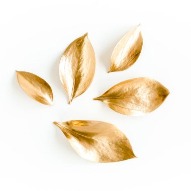 Beyaz arka planda izole edilmiş altın yapraklı desen. düz yatış, üst görünüm