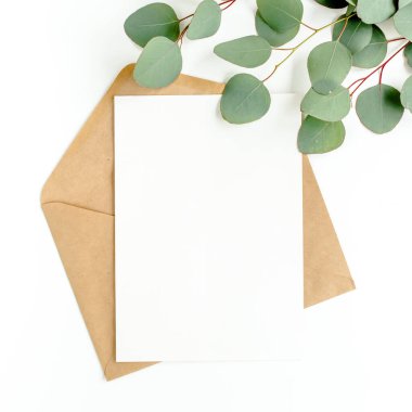 Sahte davetiye, boş tebrik kartı ve yeşil yapraklar okaliptüs. Düz yatış, üst görünüm.