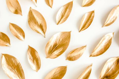 Beyaz arka planda izole edilmiş altın yapraklı desen. düz yatış, üst görünüm