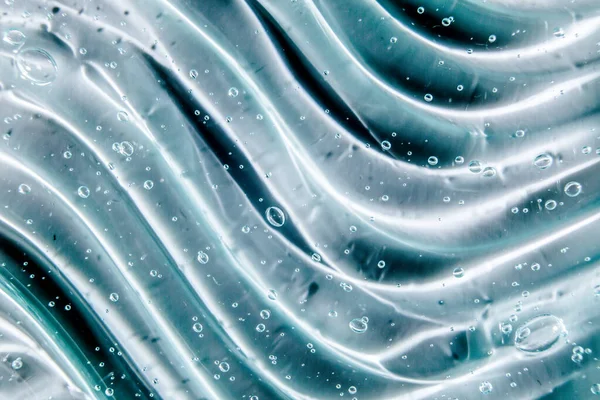 Tekutý krém gel, zelená modrá kosmetická textura s bublinkami — Stock fotografie